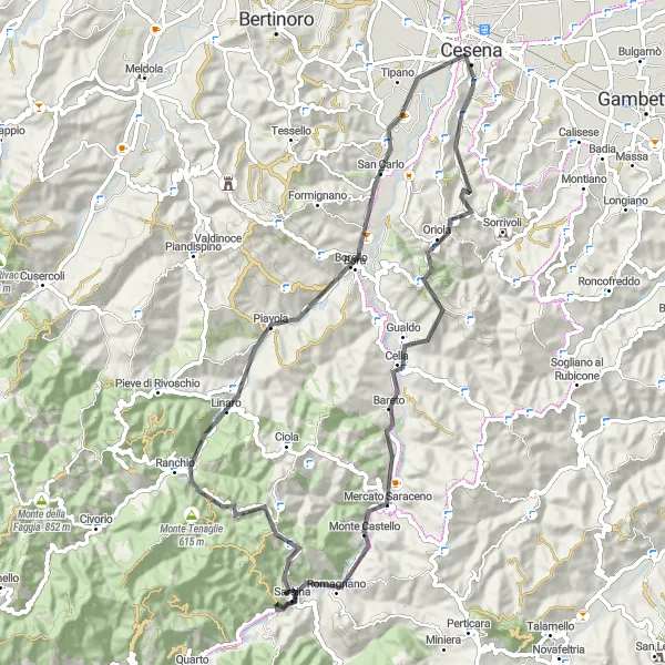 Zemljevid v pomanjšavi "Ciklovir Monteaguzzo - Monte dei Greppi - Sarsina - Cesena" kolesarske inspiracije v Emilia-Romagna, Italy. Generirano z načrtovalcem kolesarskih poti Tarmacs.app