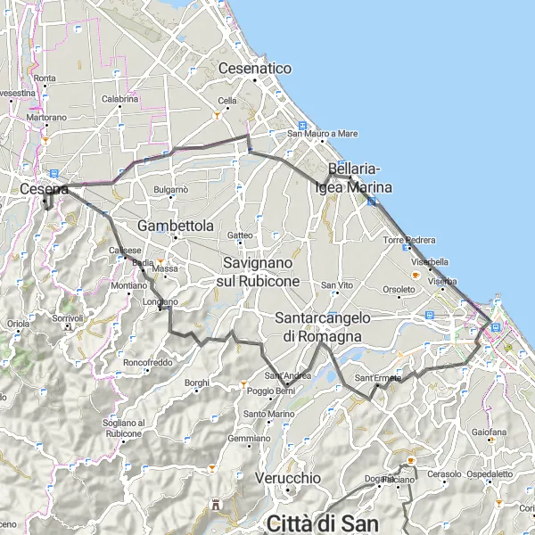Kartminiatyr av "Kysten og landsbygdens kontraster" sykkelinspirasjon i Emilia-Romagna, Italy. Generert av Tarmacs.app sykkelrutoplanlegger