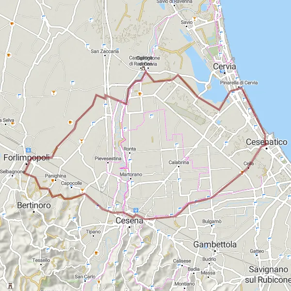 Miniatura mapy "Trasa gravelowa z Cesenatico przez Bagnarola, Forlimpopoli i Villa Inferno" - trasy rowerowej w Emilia-Romagna, Italy. Wygenerowane przez planer tras rowerowych Tarmacs.app
