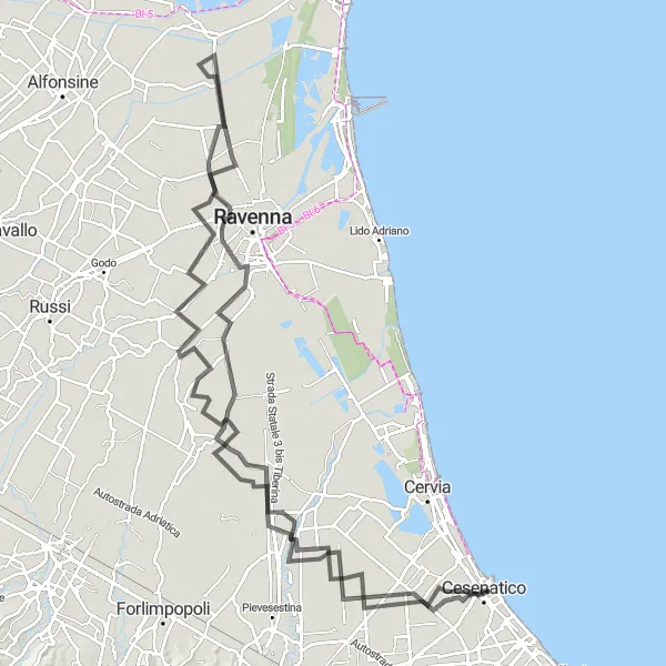 Mapa miniatúra "Scenic Road Trip to San Pietro in Campiano" cyklistická inšpirácia v Emilia-Romagna, Italy. Vygenerované cyklistickým plánovačom trás Tarmacs.app