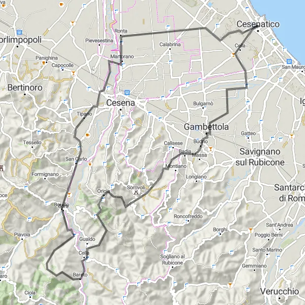 Zemljevid v pomanjšavi "Kolesarska pot do razgledne točke Torre del Moro" kolesarske inspiracije v Emilia-Romagna, Italy. Generirano z načrtovalcem kolesarskih poti Tarmacs.app