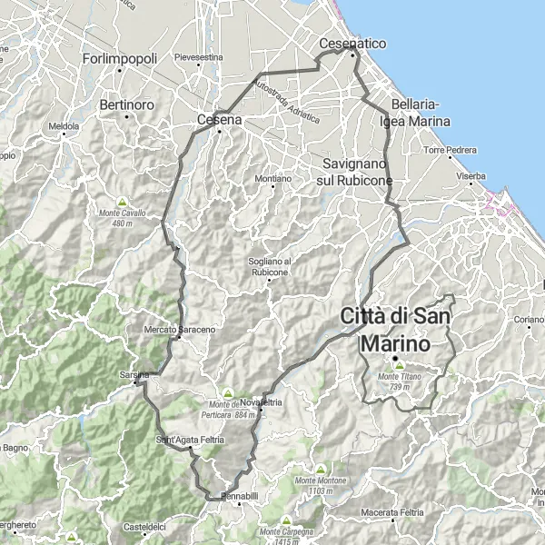 Map miniature of "Santacangelo di Romagna Loop: A Challenging Road Cycling Adventure" cycling inspiration in Emilia-Romagna, Italy. Generated by Tarmacs.app cycling route planner