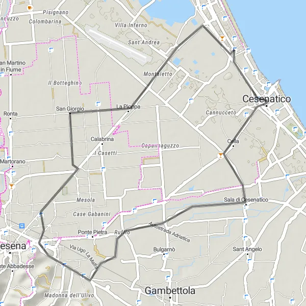 Kartminiatyr av "Kort tur gjennom Cesenatico og Zadina" sykkelinspirasjon i Emilia-Romagna, Italy. Generert av Tarmacs.app sykkelrutoplanlegger