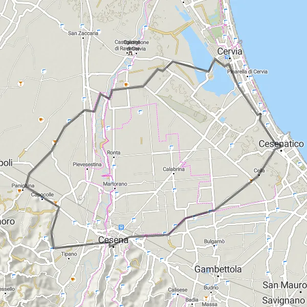 Miniaturní mapa "Příjemná jízda kolem Cesenatica" inspirace pro cyklisty v oblasti Emilia-Romagna, Italy. Vytvořeno pomocí plánovače tras Tarmacs.app