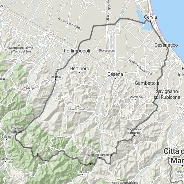 Kartminiatyr av "Utmanande bergstur till Cusercoli" cykelinspiration i Emilia-Romagna, Italy. Genererad av Tarmacs.app cykelruttplanerare