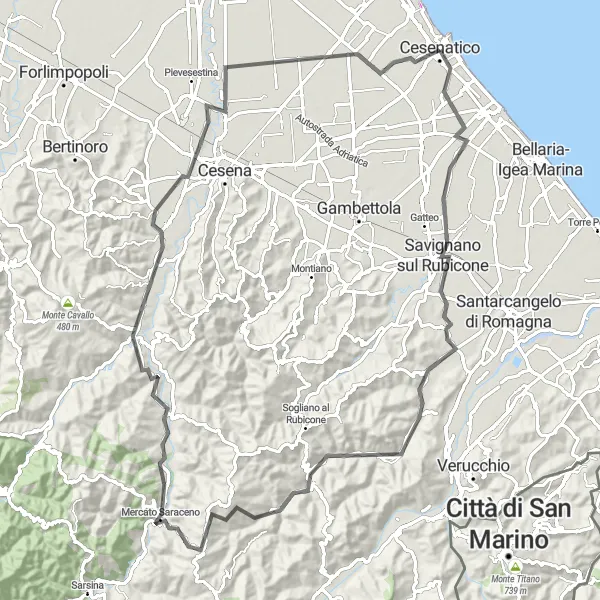 Miniaturní mapa "Okruh Savignano sul Rubicone" inspirace pro cyklisty v oblasti Emilia-Romagna, Italy. Vytvořeno pomocí plánovače tras Tarmacs.app