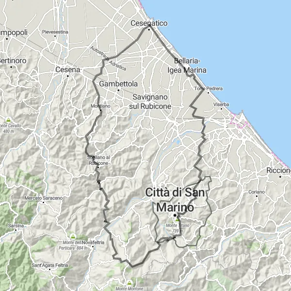 Karten-Miniaturansicht der Radinspiration "Herausfordernde Tour nach San Marino" in Emilia-Romagna, Italy. Erstellt vom Tarmacs.app-Routenplaner für Radtouren