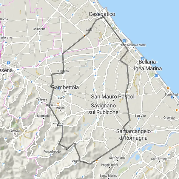 Miniatua del mapa de inspiración ciclista "Recorrido en Bicicleta por Cesenatico, San Mauro a Mare, La Giola, Longiano" en Emilia-Romagna, Italy. Generado por Tarmacs.app planificador de rutas ciclistas