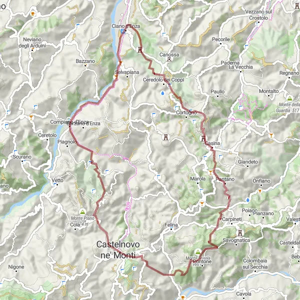 Miniatua del mapa de inspiración ciclista "Exploración Natural de Monte Pelengo" en Emilia-Romagna, Italy. Generado por Tarmacs.app planificador de rutas ciclistas