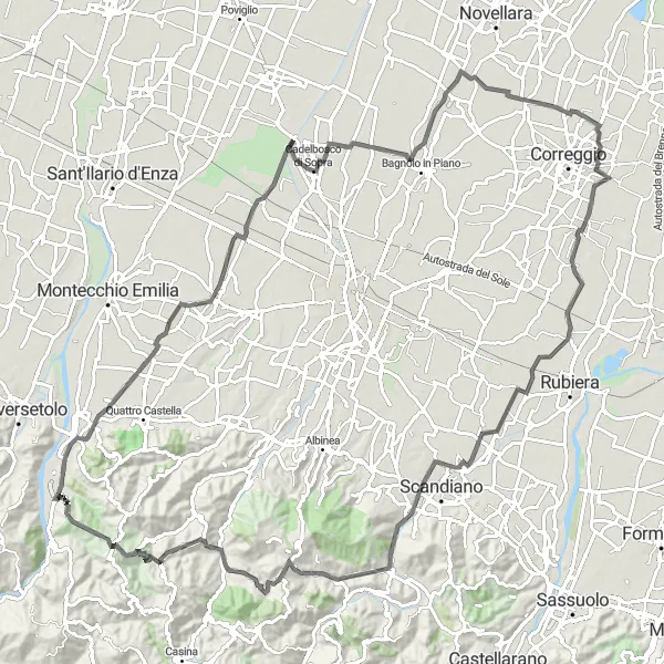 Kartminiatyr av "Lang sykkelrute med landemerker som Monte Tesa og Monte Vecchio" sykkelinspirasjon i Emilia-Romagna, Italy. Generert av Tarmacs.app sykkelrutoplanlegger