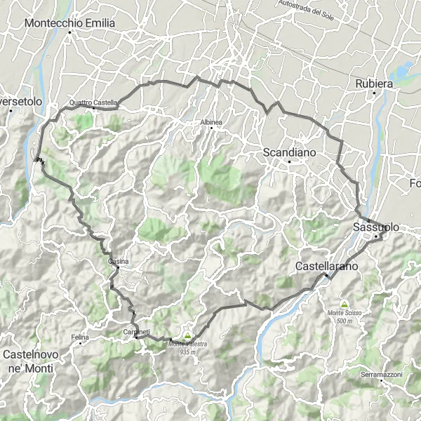 Kartminiatyr av "Historisk vägcykling till Monte Branzola och Cortogno" cykelinspiration i Emilia-Romagna, Italy. Genererad av Tarmacs.app cykelruttplanerare