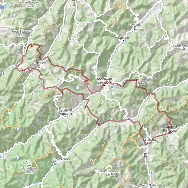 Kartminiatyr av "Civitella di Romagna til Monte Erno grusvei sykkeltur" sykkelinspirasjon i Emilia-Romagna, Italy. Generert av Tarmacs.app sykkelrutoplanlegger