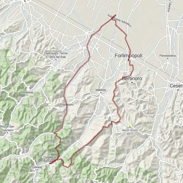 Zemljevid v pomanjšavi "Gorski izzivi okoli Civitella di Romagna" kolesarske inspiracije v Emilia-Romagna, Italy. Generirano z načrtovalcem kolesarskih poti Tarmacs.app