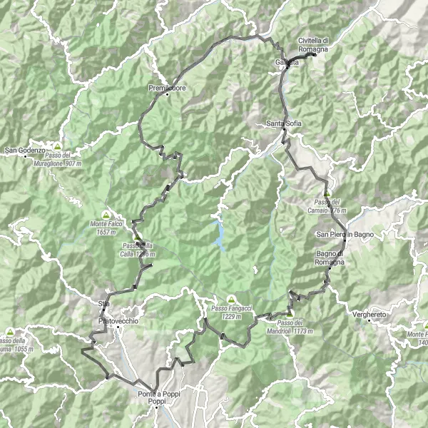 Miniature de la carte de l'inspiration cycliste "Défi des montagnes" dans la Emilia-Romagna, Italy. Générée par le planificateur d'itinéraire cycliste Tarmacs.app