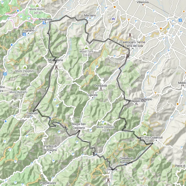 Miniatura della mappa di ispirazione al ciclismo "Scopri le colline emiliane in bicicletta" nella regione di Emilia-Romagna, Italy. Generata da Tarmacs.app, pianificatore di rotte ciclistiche