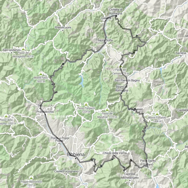 Kartminiatyr av "Rundtur til Civitella di Romagna via Monte Santo Stefano og Poppi" sykkelinspirasjon i Emilia-Romagna, Italy. Generert av Tarmacs.app sykkelrutoplanlegger