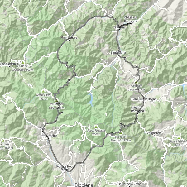 Map miniature of "Scenic Road Cycling Tour near Civitella di Romagna" cycling inspiration in Emilia-Romagna, Italy. Generated by Tarmacs.app cycling route planner
