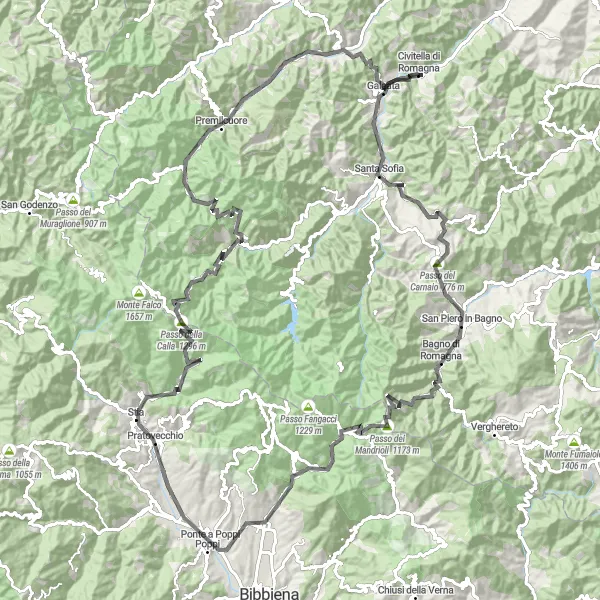 Miniature de la carte de l'inspiration cycliste "Défi du Passo del Carnaio" dans la Emilia-Romagna, Italy. Générée par le planificateur d'itinéraire cycliste Tarmacs.app