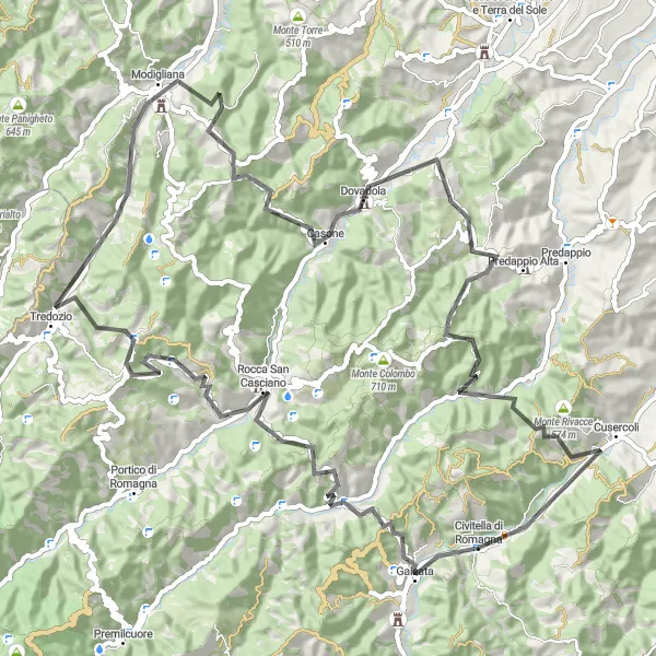 Map miniature of "Mountains and Medieval Towns" cycling inspiration in Emilia-Romagna, Italy. Generated by Tarmacs.app cycling route planner