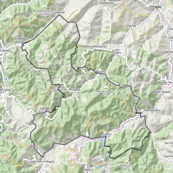 Map miniature of "Civitella di Romagna and the Montes" cycling inspiration in Emilia-Romagna, Italy. Generated by Tarmacs.app cycling route planner