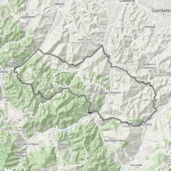 Kartminiatyr av "Civitella di Romagna - Sarsina Circuit" cykelinspiration i Emilia-Romagna, Italy. Genererad av Tarmacs.app cykelruttplanerare