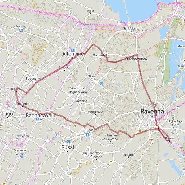 Miniature de la carte de l'inspiration cycliste "Exploration des Environs de Ravenna en Gravel" dans la Emilia-Romagna, Italy. Générée par le planificateur d'itinéraire cycliste Tarmacs.app