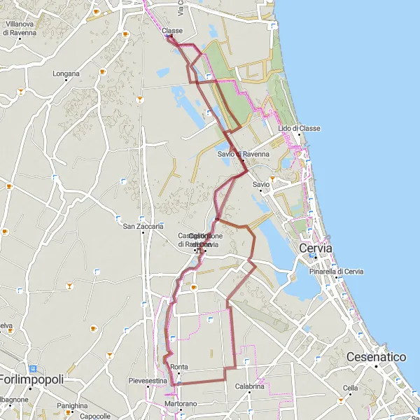 Miniatuurkaart van de fietsinspiratie "Fietsen rond Fosso Ghiaia en Castiglione di Ravenna" in Emilia-Romagna, Italy. Gemaakt door de Tarmacs.app fietsrouteplanner