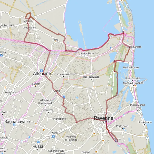 Miniatura della mappa di ispirazione al ciclismo "Il Giro delle Terre di Ravenna" nella regione di Emilia-Romagna, Italy. Generata da Tarmacs.app, pianificatore di rotte ciclistiche