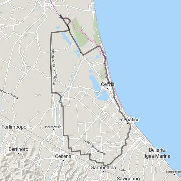 Mapa miniatúra "Classe - Gambettola - Lido di Savio loop" cyklistická inšpirácia v Emilia-Romagna, Italy. Vygenerované cyklistickým plánovačom trás Tarmacs.app