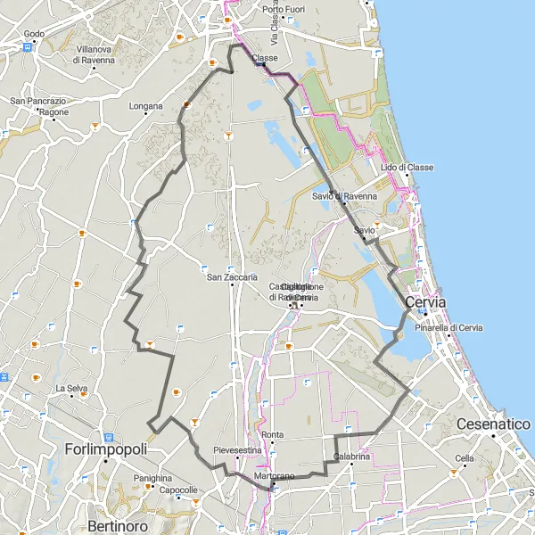 Miniatua del mapa de inspiración ciclista "Ruta en carretera iSpeed - Madonna dell'Albero" en Emilia-Romagna, Italy. Generado por Tarmacs.app planificador de rutas ciclistas