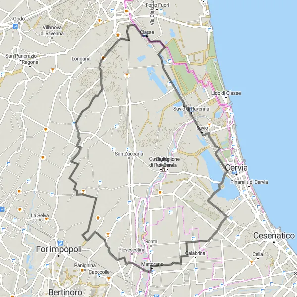 Miniatuurkaart van de fietsinspiratie "Pittoreske route via Pievequinta en Madonna dell'Albero" in Emilia-Romagna, Italy. Gemaakt door de Tarmacs.app fietsrouteplanner