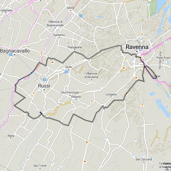 Zemljevid v pomanjšavi "Kolesarska pustolovščina po mestih in naravi Emilia-Romagna" kolesarske inspiracije v Emilia-Romagna, Italy. Generirano z načrtovalcem kolesarskih poti Tarmacs.app