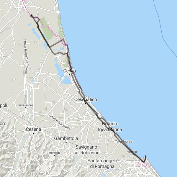 Miniatuurkaart van de fietsinspiratie "Rondrit langs Cesenatico en Cervia" in Emilia-Romagna, Italy. Gemaakt door de Tarmacs.app fietsrouteplanner