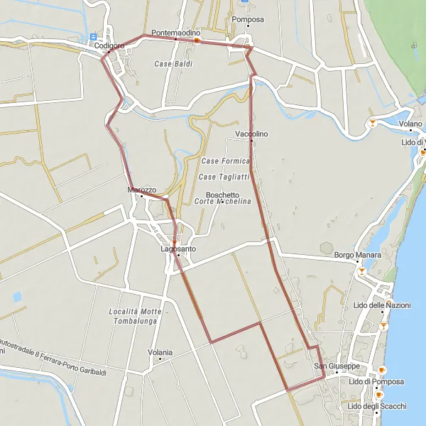 Mapa miniatúra "Gravel Route Codigoro - Lagosanto" cyklistická inšpirácia v Emilia-Romagna, Italy. Vygenerované cyklistickým plánovačom trás Tarmacs.app