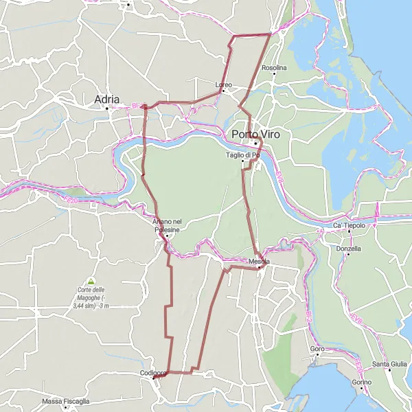 Kartminiatyr av "Grusvei tur fra Codigoro til Ariano nel Polesine" sykkelinspirasjon i Emilia-Romagna, Italy. Generert av Tarmacs.app sykkelrutoplanlegger