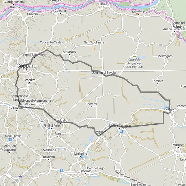 Kartminiatyr av "Landevei tur fra Codigoro til Formignana" sykkelinspirasjon i Emilia-Romagna, Italy. Generert av Tarmacs.app sykkelrutoplanlegger