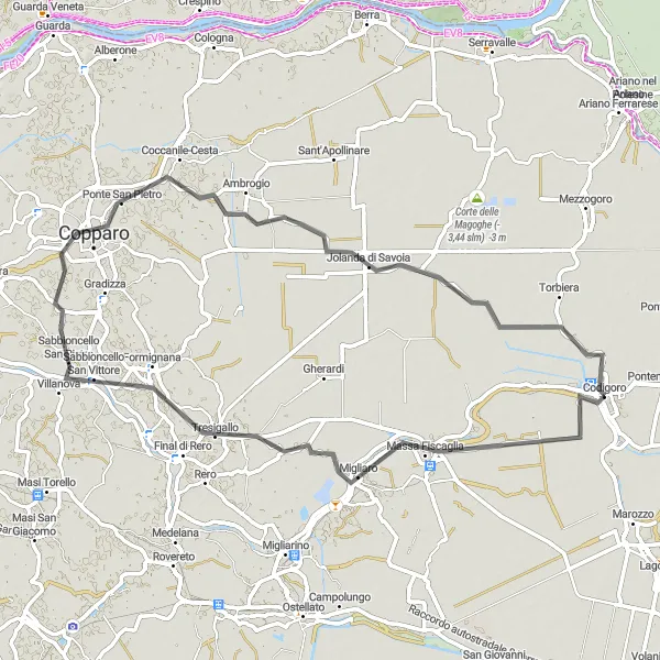 Map miniature of "Exploring Codigoro on Road" cycling inspiration in Emilia-Romagna, Italy. Generated by Tarmacs.app cycling route planner