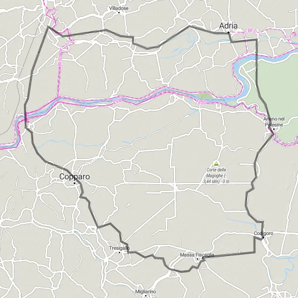 Kartminiatyr av "Kulturell og historisk vei fra Codigoro" sykkelinspirasjon i Emilia-Romagna, Italy. Generert av Tarmacs.app sykkelrutoplanlegger