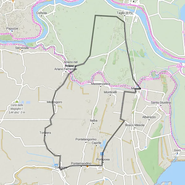 Zemljevid v pomanjšavi "Kolesarska tura z znamenitostmi okoli Codigora" kolesarske inspiracije v Emilia-Romagna, Italy. Generirano z načrtovalcem kolesarskih poti Tarmacs.app