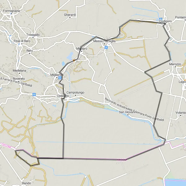 Kartminiatyr av "Landevei tur fra Codigoro til Ostellato" sykkelinspirasjon i Emilia-Romagna, Italy. Generert av Tarmacs.app sykkelrutoplanlegger