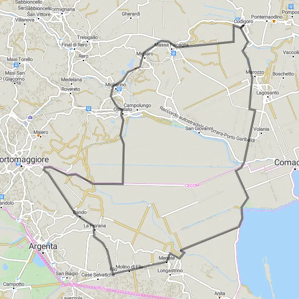 Mapa miniatúra "Road Round-Trip from Codigoro to Massa Fiscaglia" cyklistická inšpirácia v Emilia-Romagna, Italy. Vygenerované cyklistickým plánovačom trás Tarmacs.app