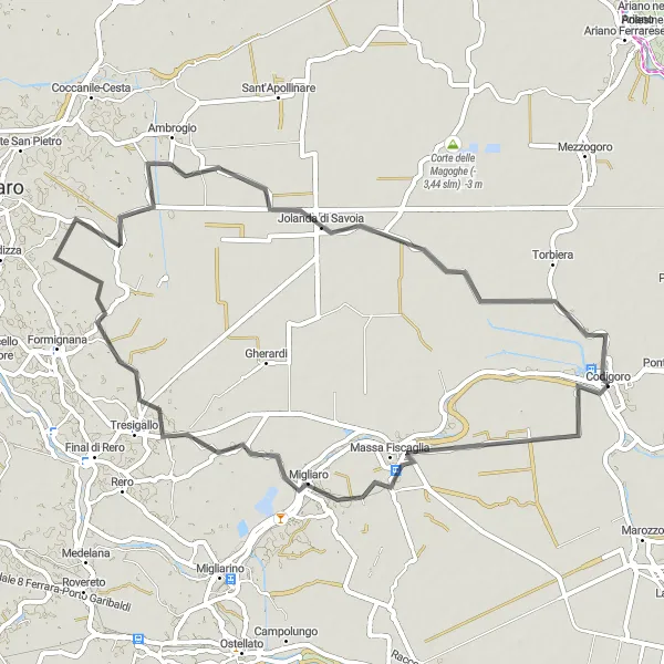 Kartminiatyr av "Landevei tur fra Codigoro til Migliaro" sykkelinspirasjon i Emilia-Romagna, Italy. Generert av Tarmacs.app sykkelrutoplanlegger