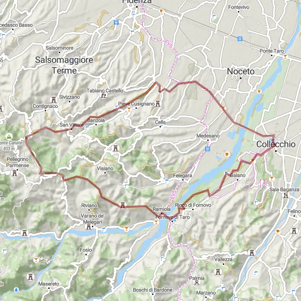 Miniaturekort af cykelinspirationen "Grusvej gennem Ozzano Taro og Monte Ghinardo" i Emilia-Romagna, Italy. Genereret af Tarmacs.app cykelruteplanlægger
