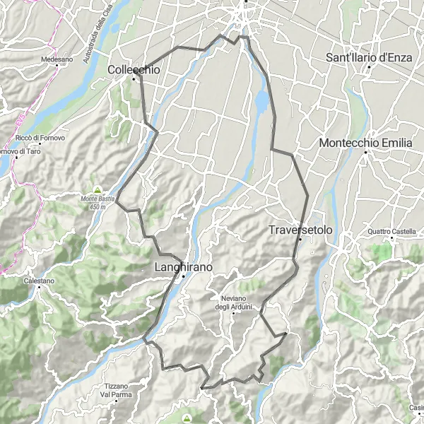 Miniatua del mapa de inspiración ciclista "Aventura en bicicleta por las colinas de Traversetolo" en Emilia-Romagna, Italy. Generado por Tarmacs.app planificador de rutas ciclistas