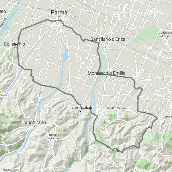 Map miniature of "Challenging Climb to Vezzano sul Crostolo" cycling inspiration in Emilia-Romagna, Italy. Generated by Tarmacs.app cycling route planner