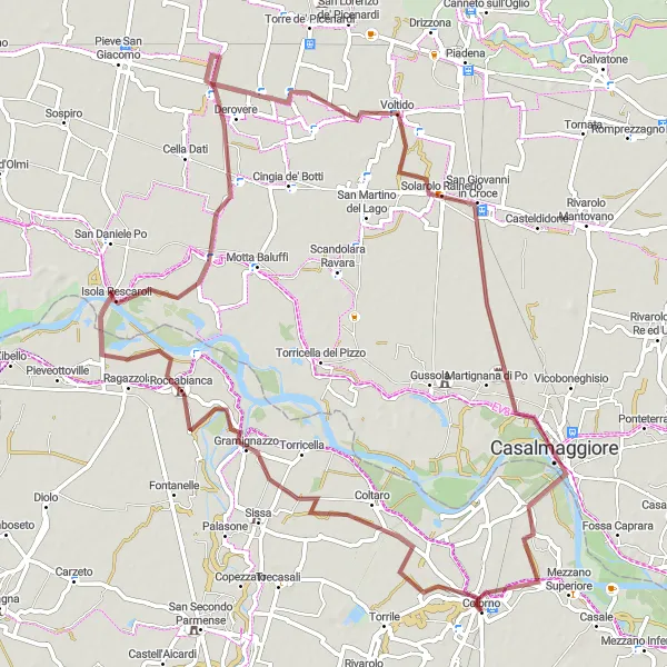 Mapa miniatúra "Okruh Colorno - Roccabianca - Derovere - Casalmaggiore - Copermio" cyklistická inšpirácia v Emilia-Romagna, Italy. Vygenerované cyklistickým plánovačom trás Tarmacs.app