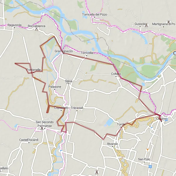 Zemljevid v pomanjšavi "Gravlna pot Torrile - Rigosa - Fiume Po" kolesarske inspiracije v Emilia-Romagna, Italy. Generirano z načrtovalcem kolesarskih poti Tarmacs.app