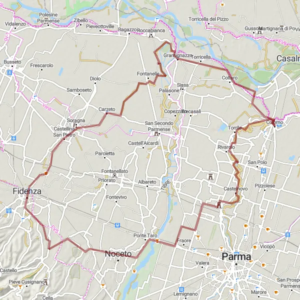Zemljevid v pomanjšavi "Gravel route from Colorno" kolesarske inspiracije v Emilia-Romagna, Italy. Generirano z načrtovalcem kolesarskih poti Tarmacs.app