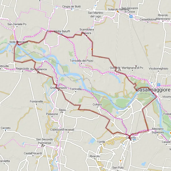 Miniatuurkaart van de fietsinspiratie "Gravelroute van Colorno naar Roccabianca en Casalmaggiore" in Emilia-Romagna, Italy. Gemaakt door de Tarmacs.app fietsrouteplanner