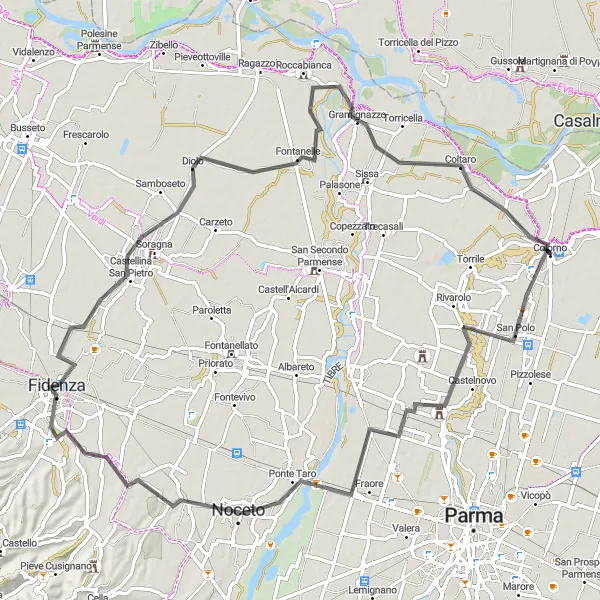 Kartminiatyr av "Fidenza og Soragna Road Cycling Runde" sykkelinspirasjon i Emilia-Romagna, Italy. Generert av Tarmacs.app sykkelrutoplanlegger